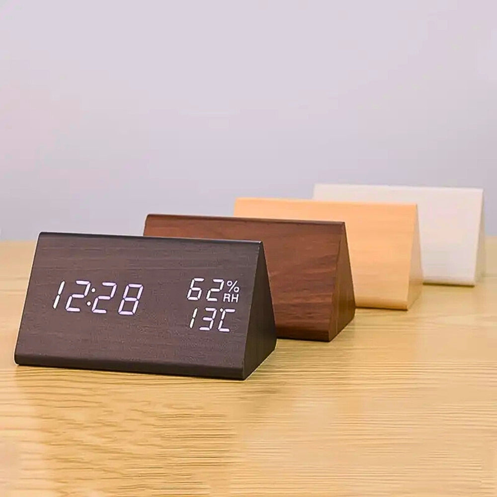 Wooden Triangle LED Digital Clock with Temp & Humidity | Orntli