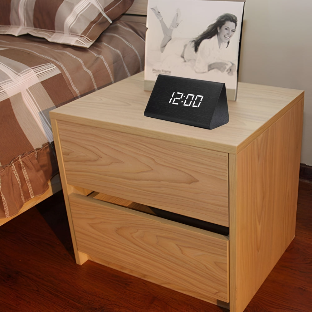 Wooden Triangle LED Digital Clock with Temp & Humidity | Orntli