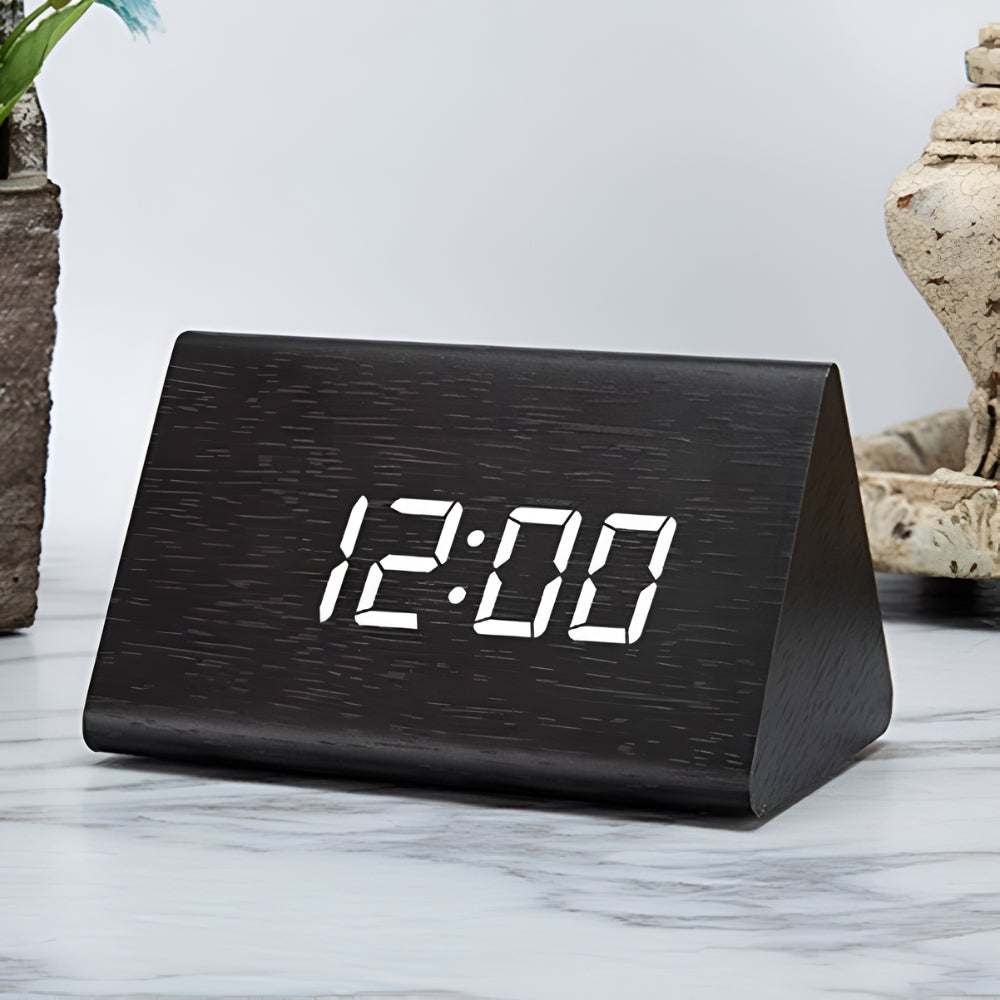 Wooden Triangle LED Digital Clock with Temp & Humidity | Orntli