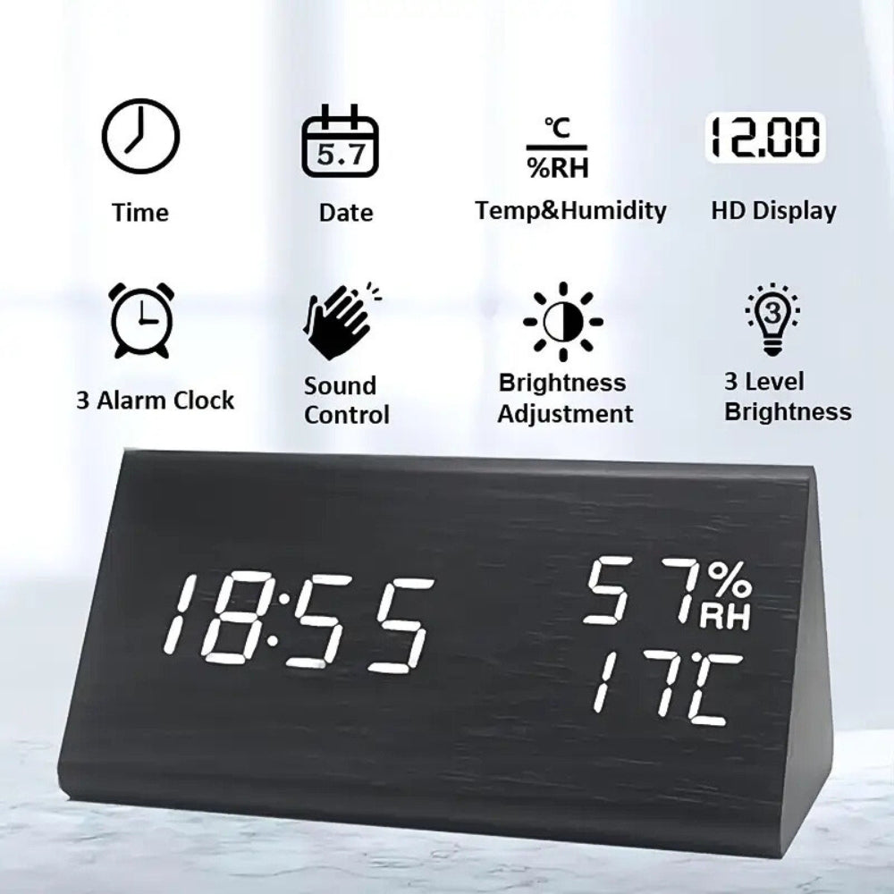 Wooden Triangle LED Digital Clock with Temp & Humidity | Orntli