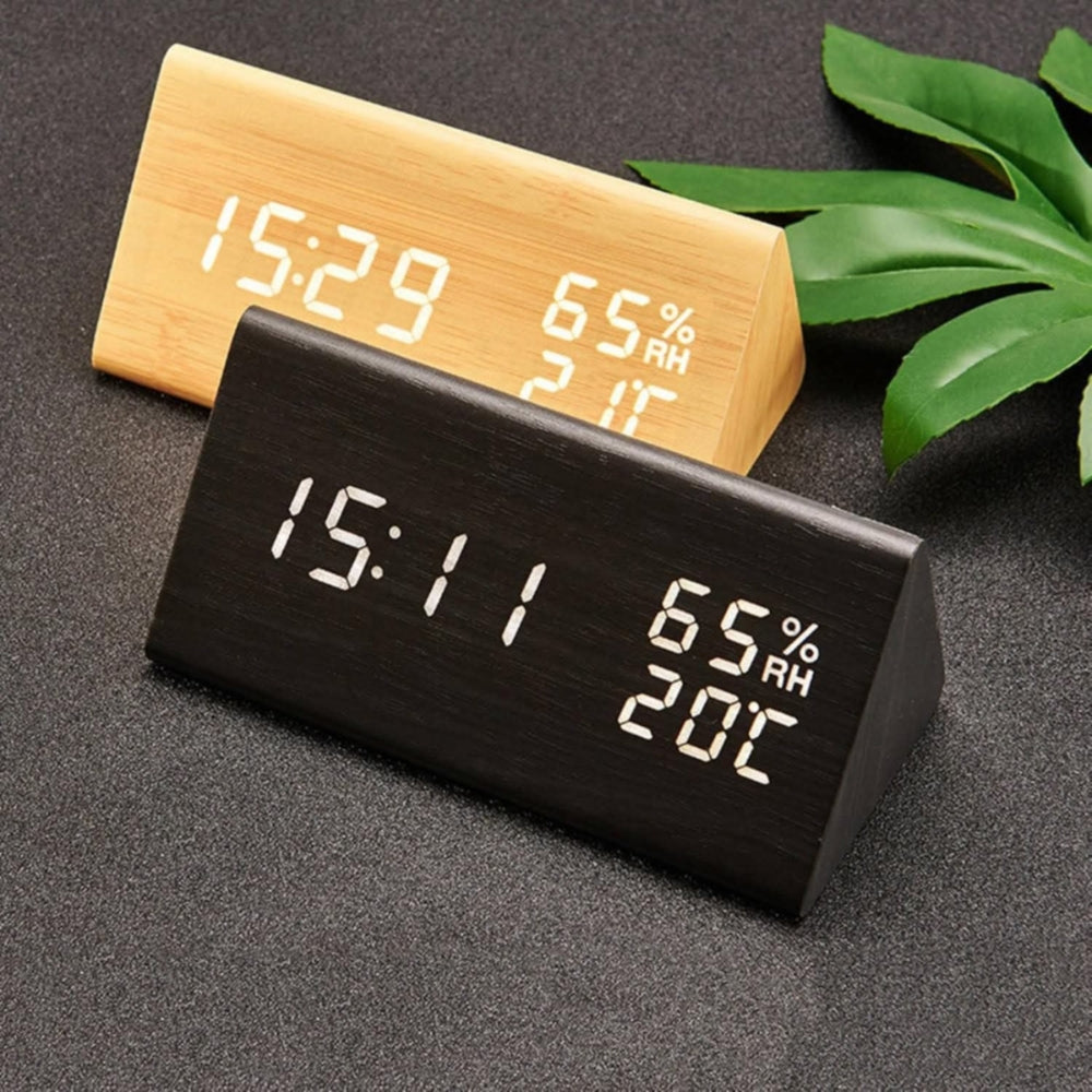 Wooden Triangle LED Digital Clock with Temp & Humidity | Orntli