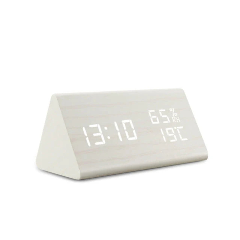 Wooden Triangle LED Digital Clock with Temp & Humidity | Orntli
