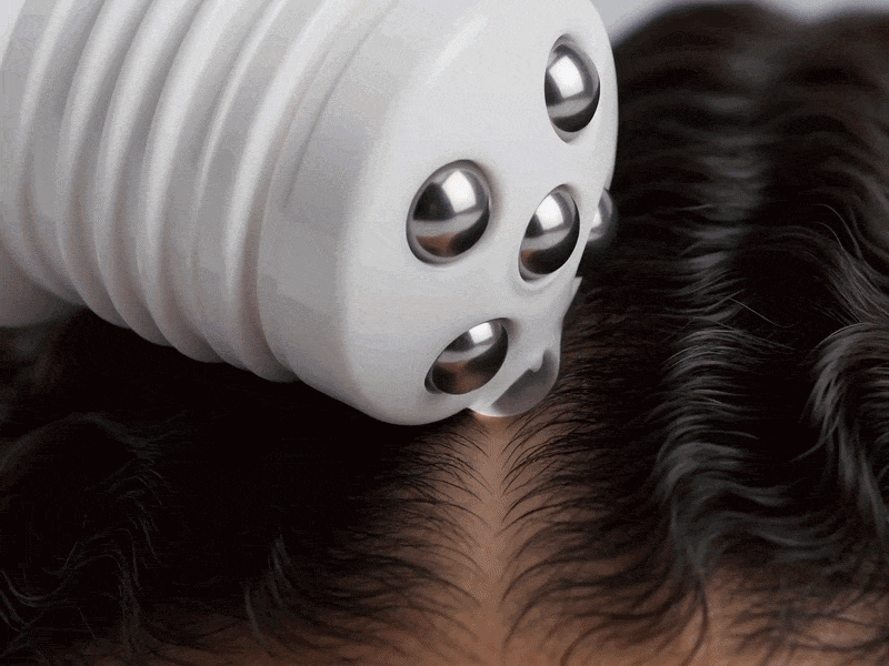 Rollerball tip gliding over dark hair on the scalp