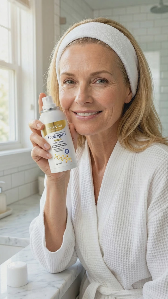 Woman with a headband spraying the collagen mist at home