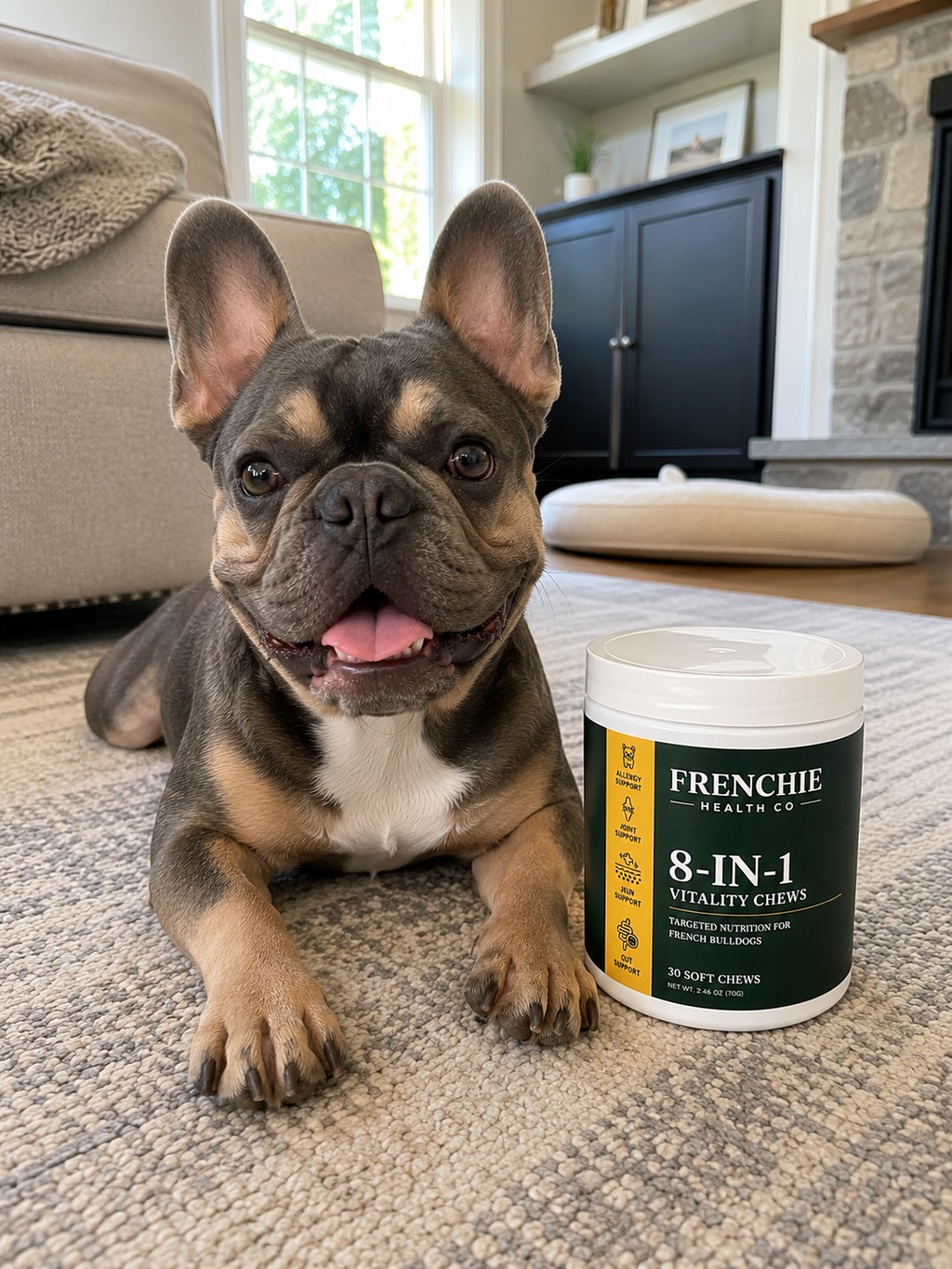 Frenchie lying on a rug beside the chews