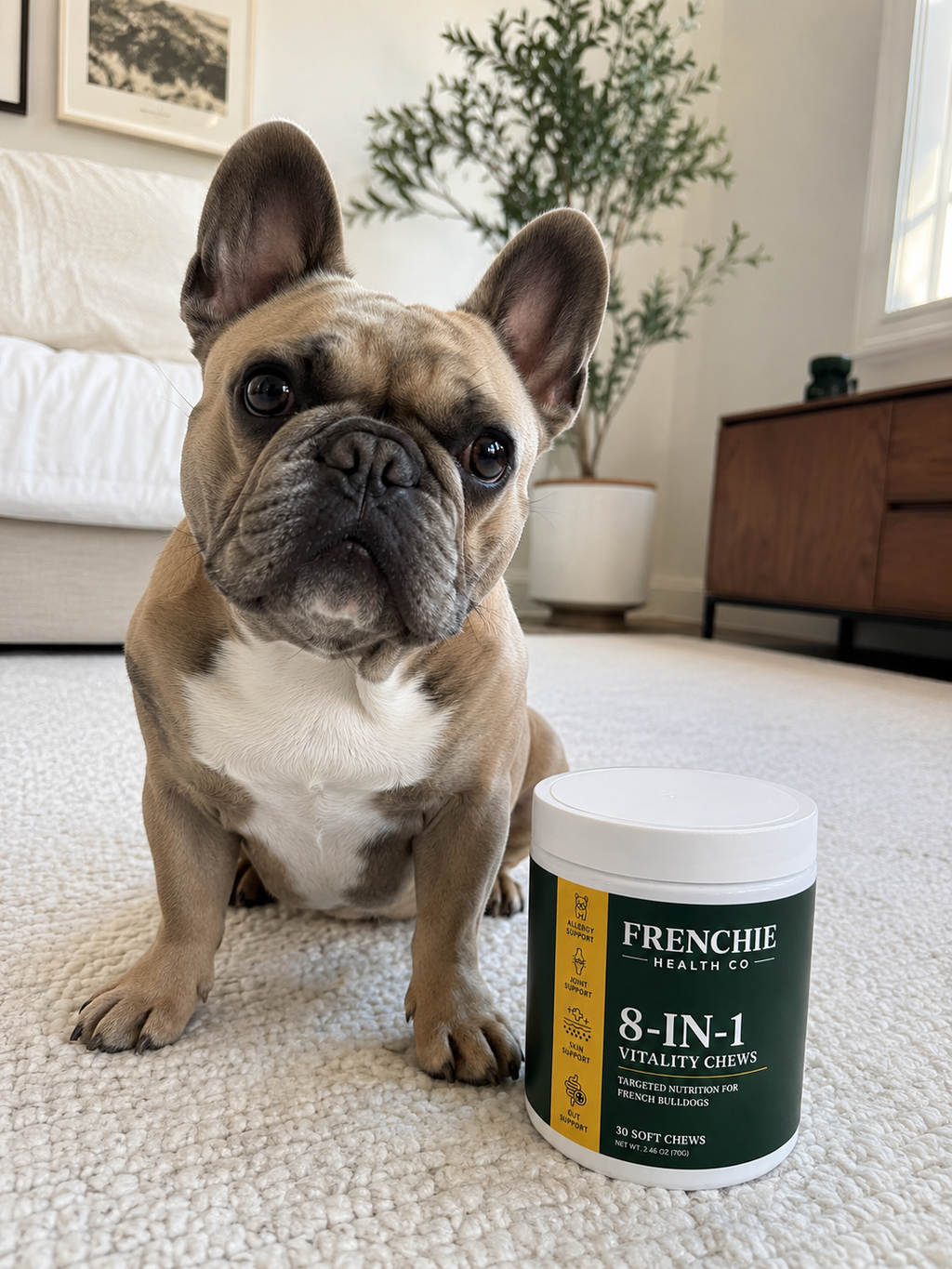 Frenchie sitting by the jar