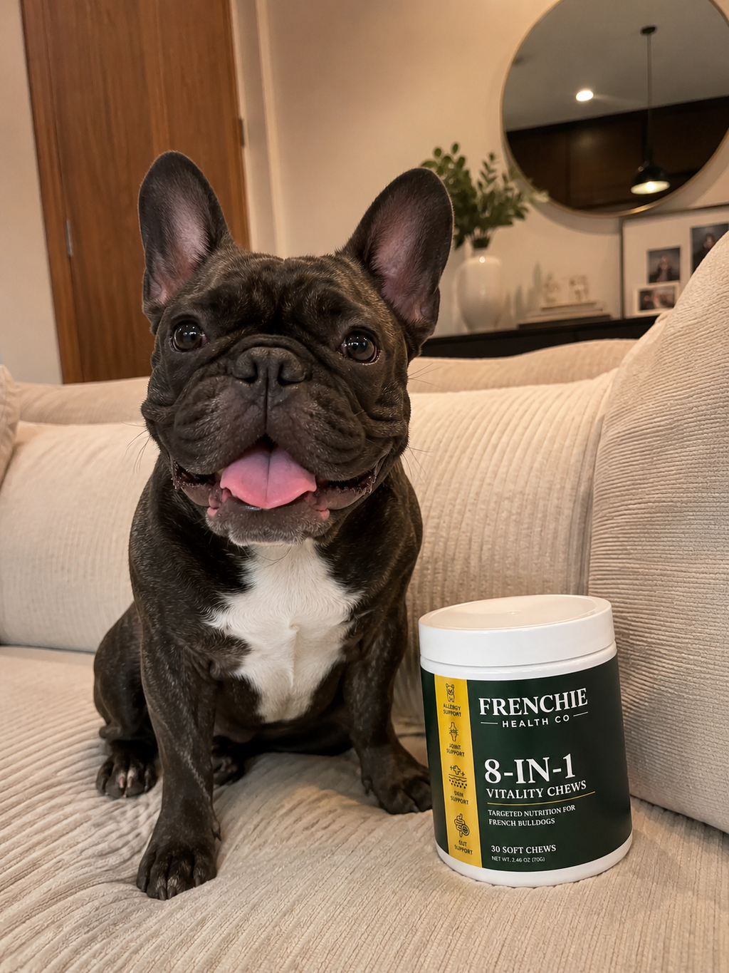 Frenchie on a sofa with the chews