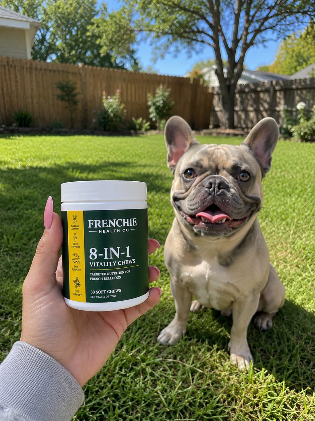 Frenchie in the garden next to the jar held by its owner