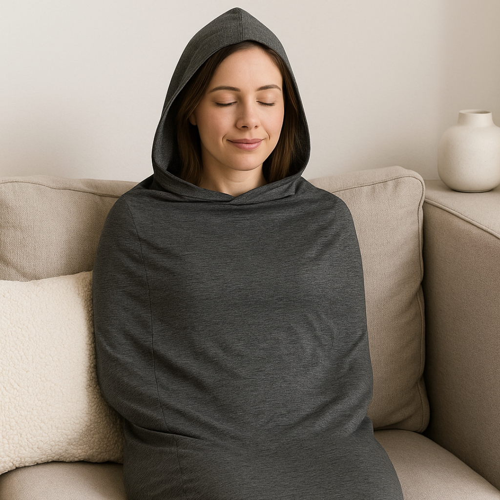 Woman sitting on a sofa wearing a dark grey hooded pod