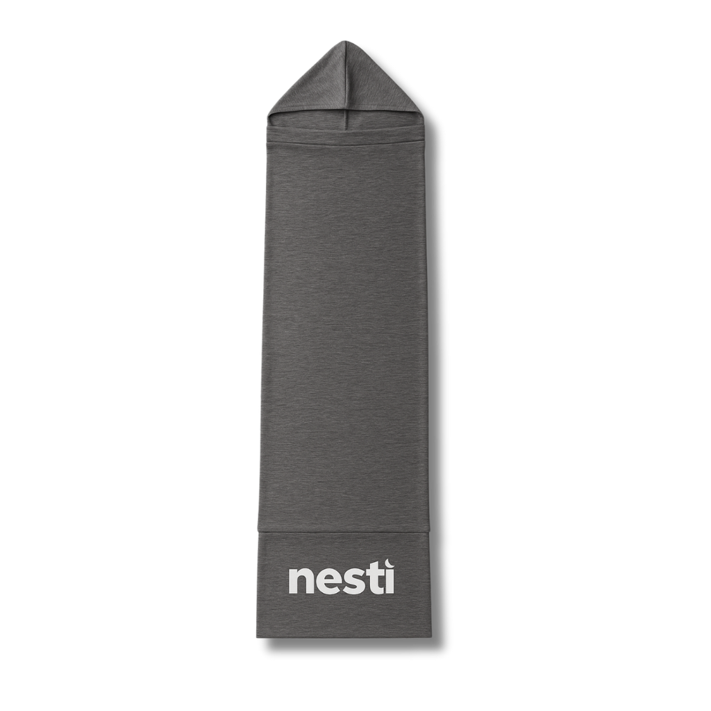Gray stretchy sensory pod laid flat with hood