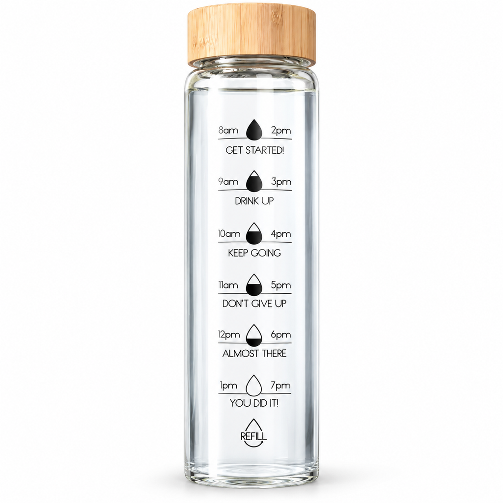 Glass Water Bottle with Time Markings | Borosilicate, Leakproof Bamboo Lid | Eco-Friendly, BPA-Free, Reusable