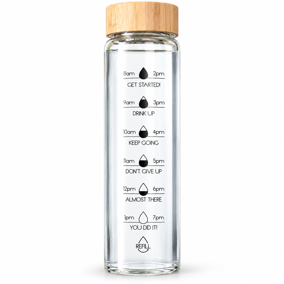Glass Water Bottle with Time Markings | Borosilicate, Leakproof Bamboo Lid | Eco-Friendly, BPA-Free, Reusable