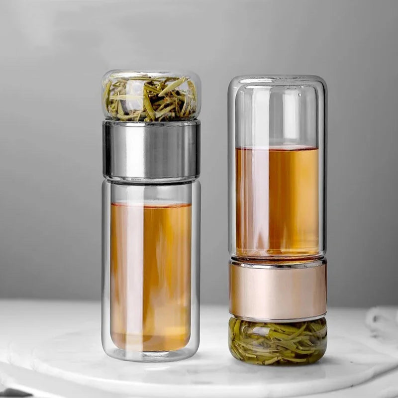 Glass Tea Infuser Bottle – Double-Wall, Separate Tea Chamber, Leakproof, 430 ml