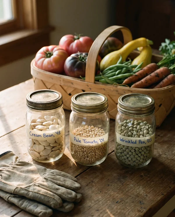 Jars of saved seeds next to a basket of fresh vegetables