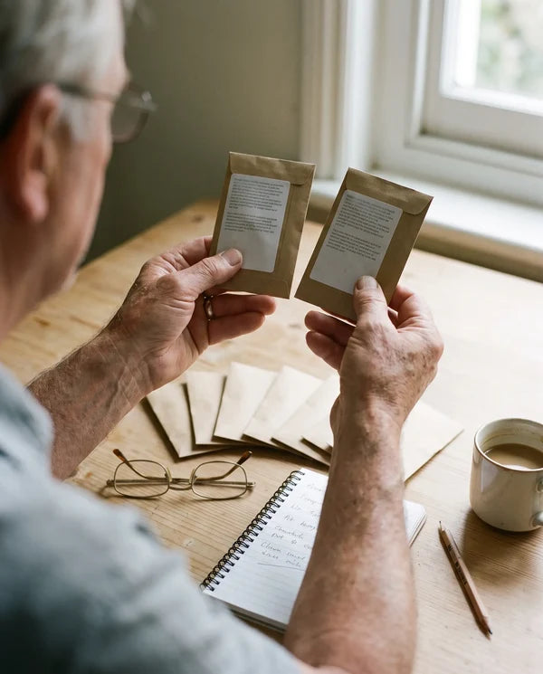 Gardener reading seed packets at a table