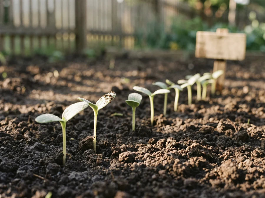 Row of young seedlings sprouting in garden soil