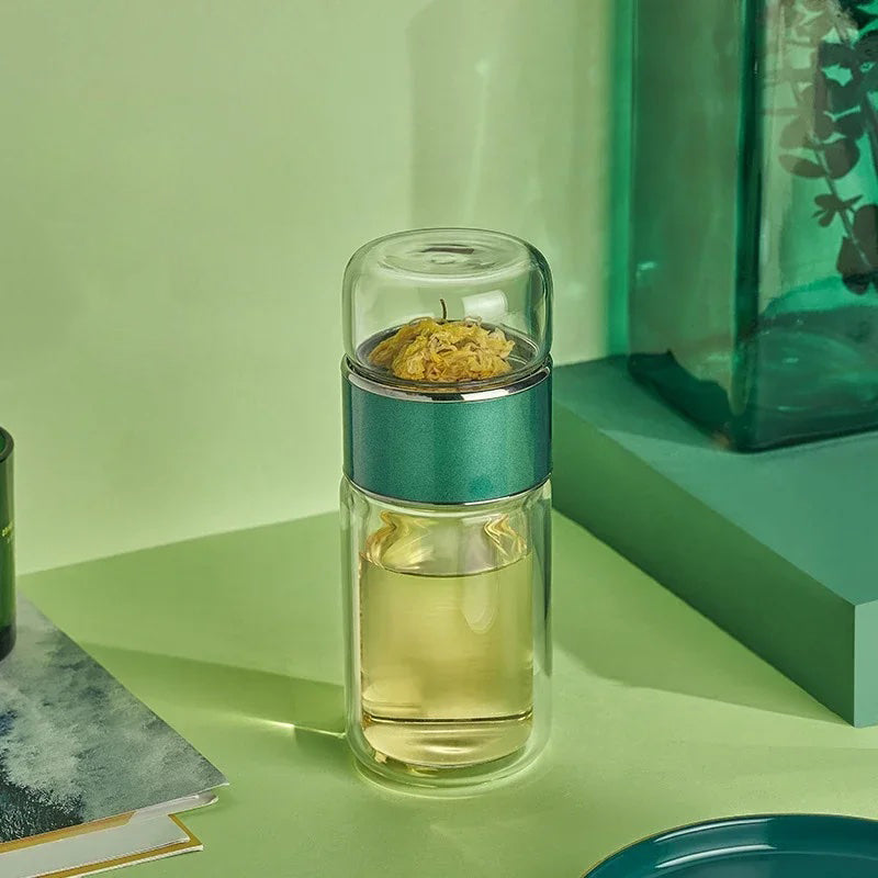 Glass Tea Infuser Bottle – Double-Wall, Separate Tea Chamber, Leakproof, 430 ml