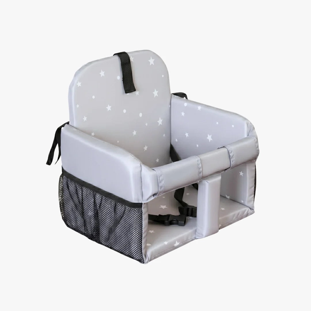 Coco Comfort Seat in grey stars pattern,
front view, unfolded