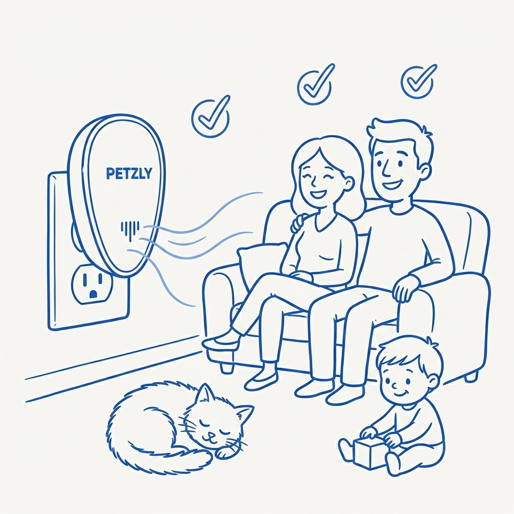 Illustration of a relaxed family, child and cat in a room with a plug-in repeller