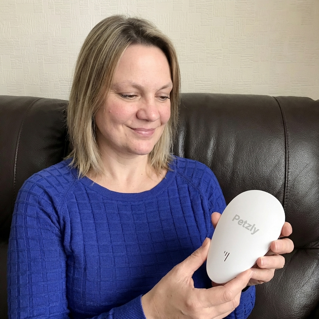 Woman on a sofa holding the small white repeller in her hands