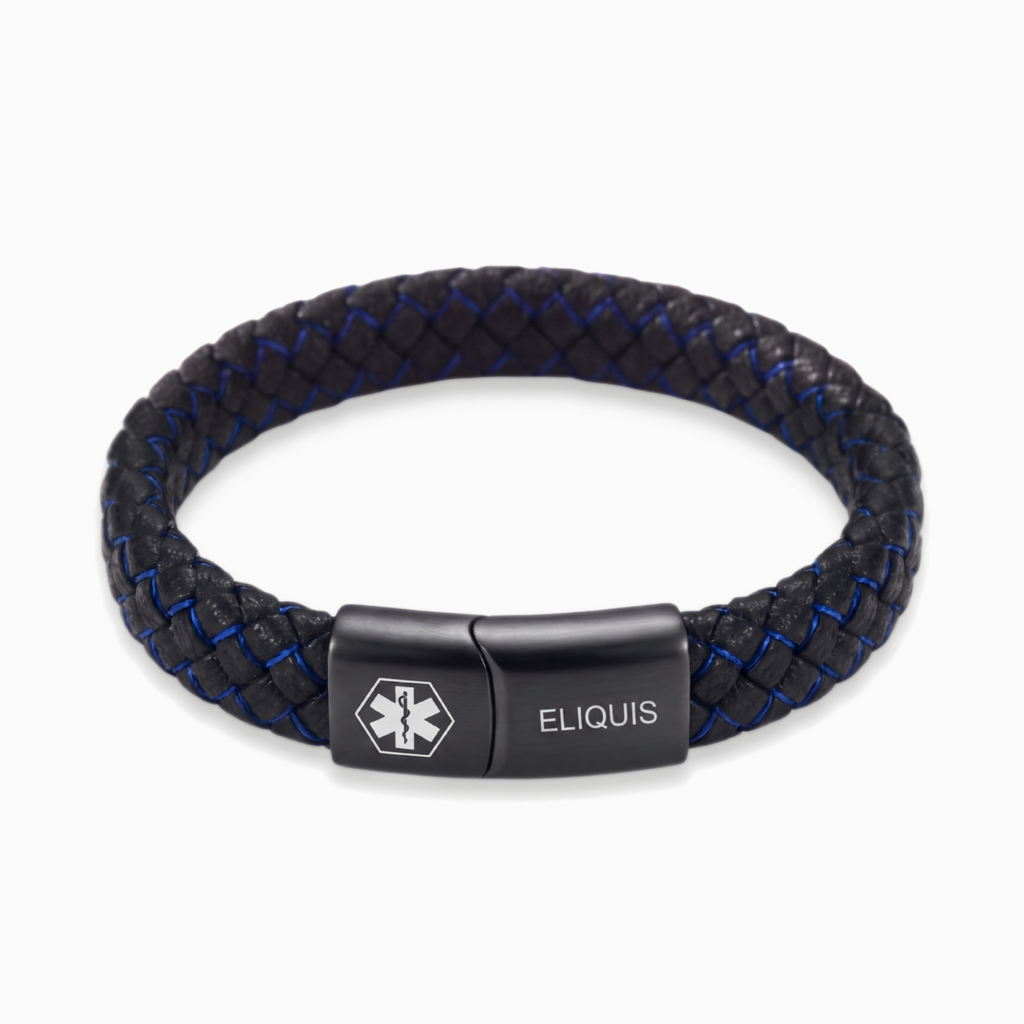 Eliquis medical alert bracelet in black and blue