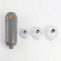 Handheld suction device shown with toddler, child and adult masks on a white background