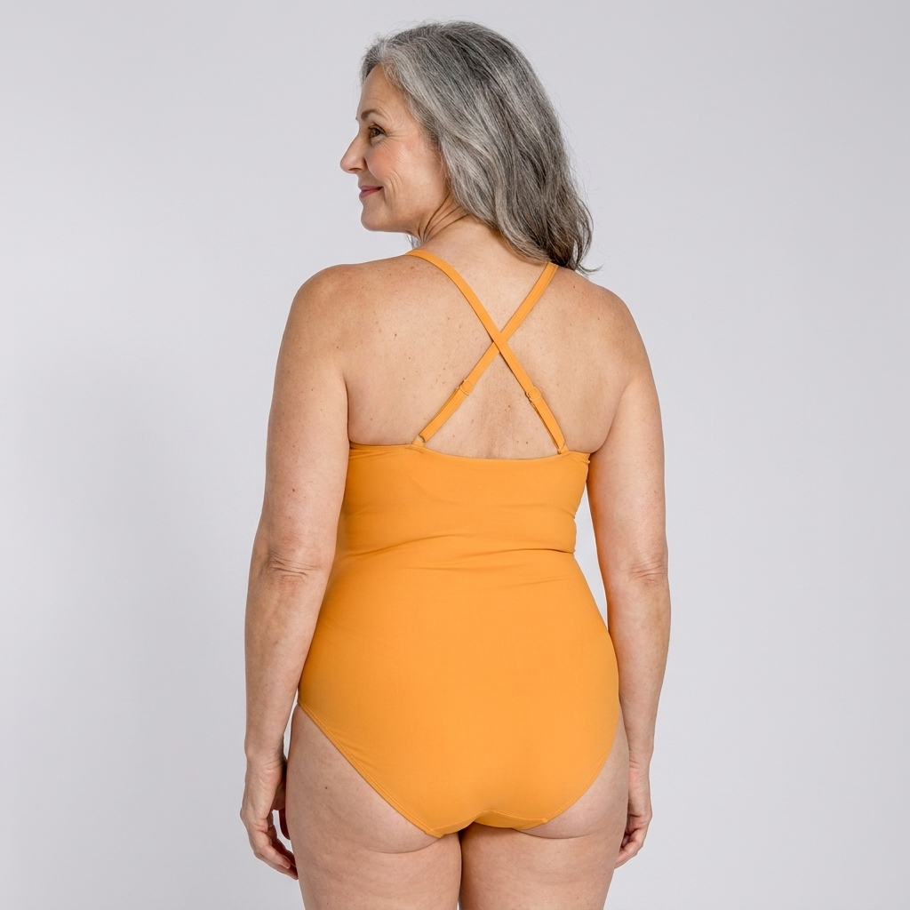 Woman wearing the Sculpt™ Smooth & Lift shaping swimsuit in melon, back view