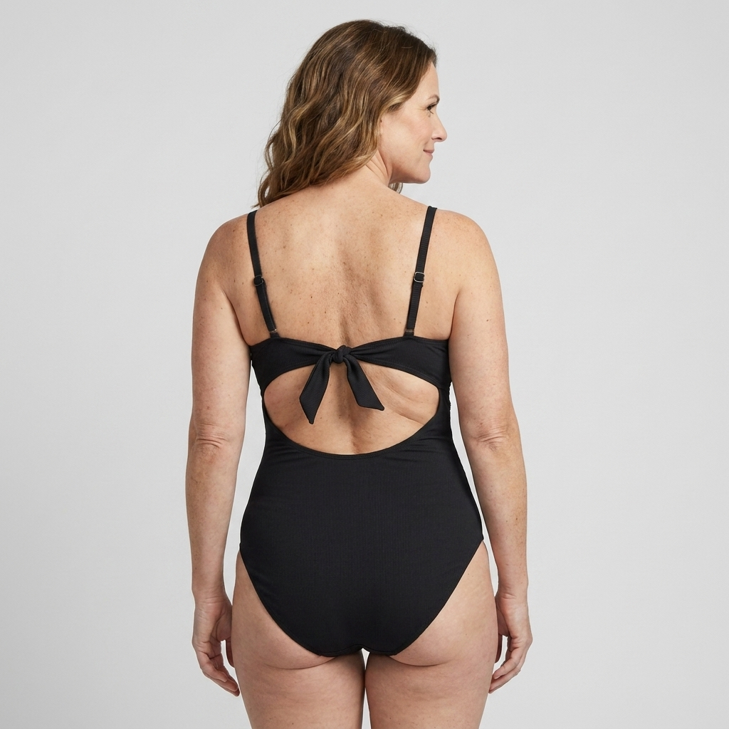 Woman wearing the Sculpt™ twist-front cutout swimsuit in black, back view with tie-back detail