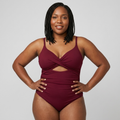 Woman wearing the Sculpt™ twist-front cutout swimsuit in wine, front view