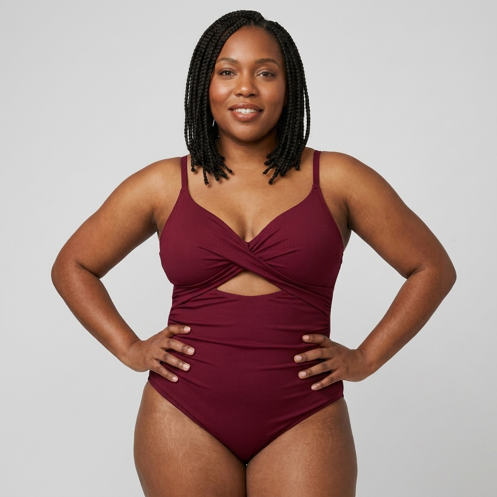 Woman wearing the Sculpt™ twist-front cutout swimsuit in wine, front view