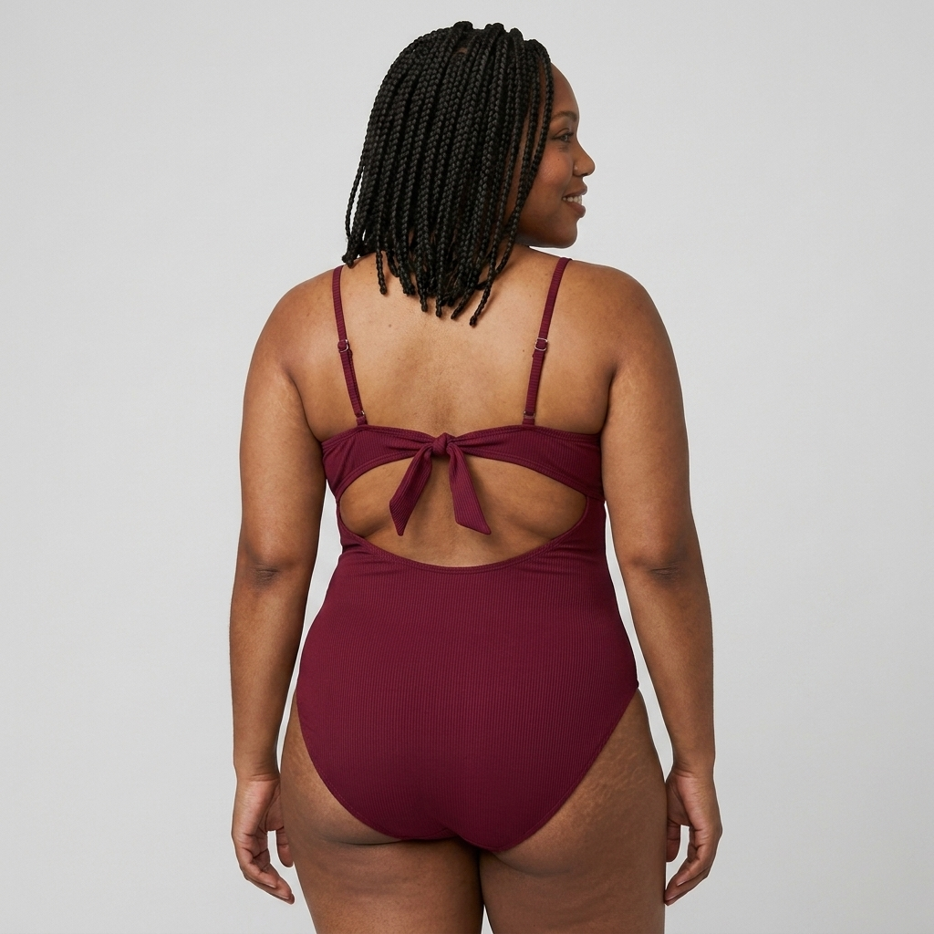 Woman wearing the Sculpt™ twist-front cutout swimsuit in wine, back view with tie-back detail