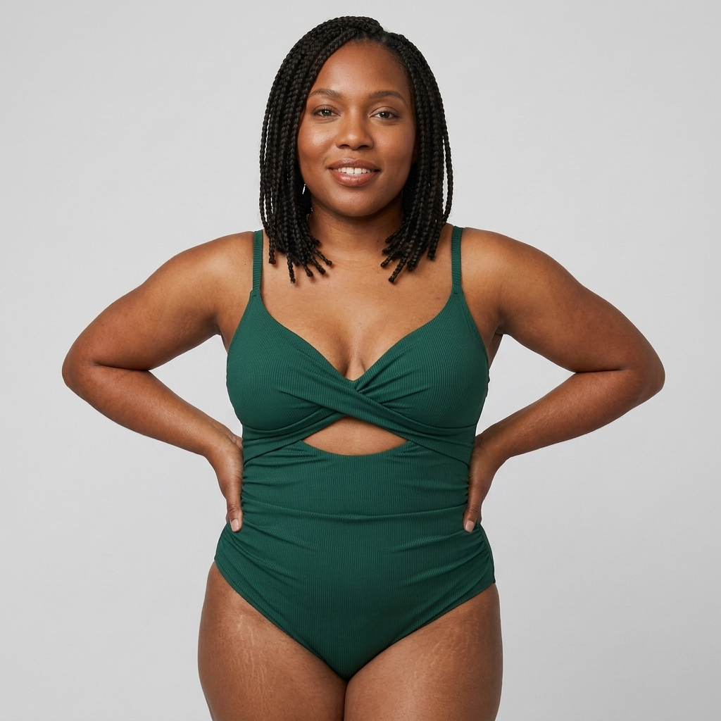 Woman wearing the Sculpt™ twist-front cutout swimsuit in forest green, front view