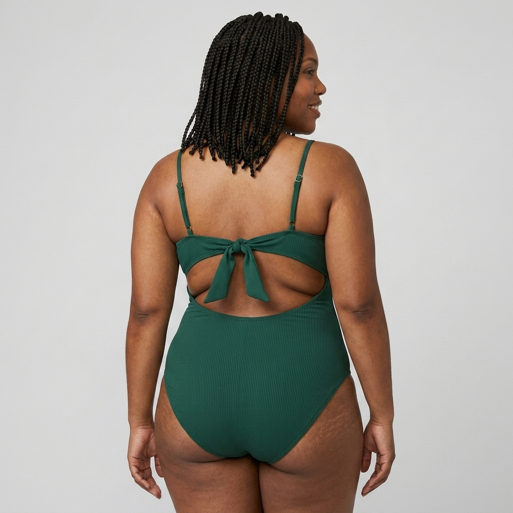 Woman wearing the Sculpt™ twist-front cutout swimsuit in forest green, back view with tie-back detail