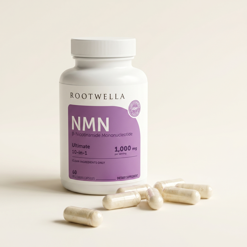 Bottle of NMN complex capsules with loose capsules beside it