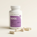 Bottle of NMN complex capsules with loose capsules beside it