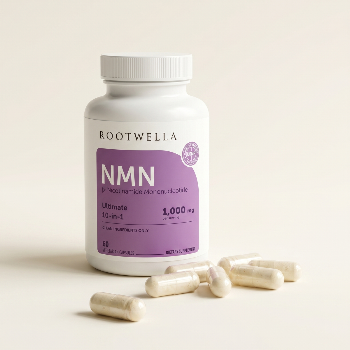 Bottle of NMN complex capsules with loose capsules beside it