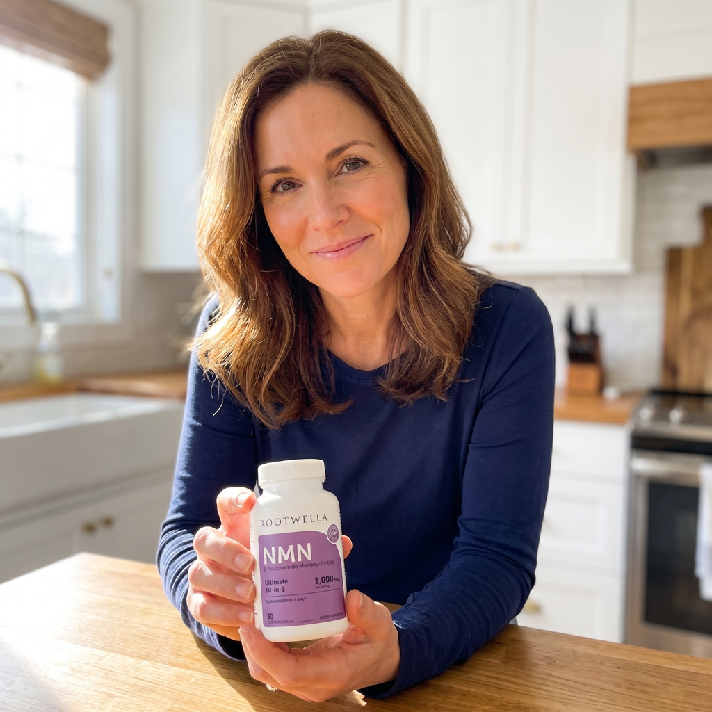 Woman in her kitchen holding a bottle of NMN capsules