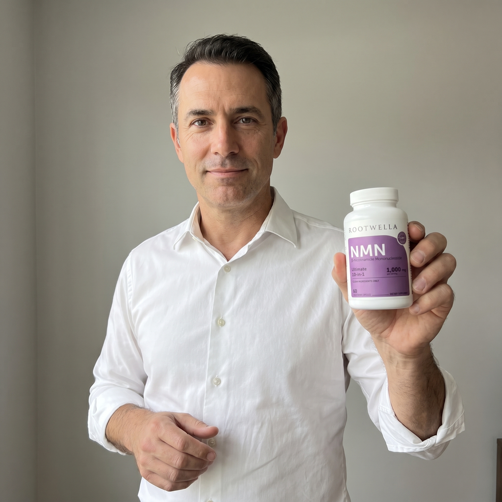 Man in a white shirt holding the capsule bottle