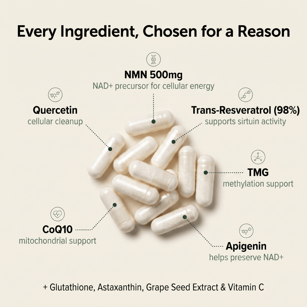 Capsule NMN Complex – 500 mg di NMN per dose con resveratrolo, TMG e CoQ10