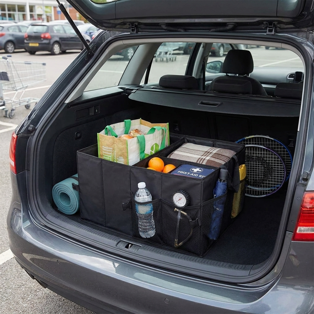 Skládací organizér do kufru auta 56L - 600D Oxford - 3 přihrádky - skládací a voděodolný