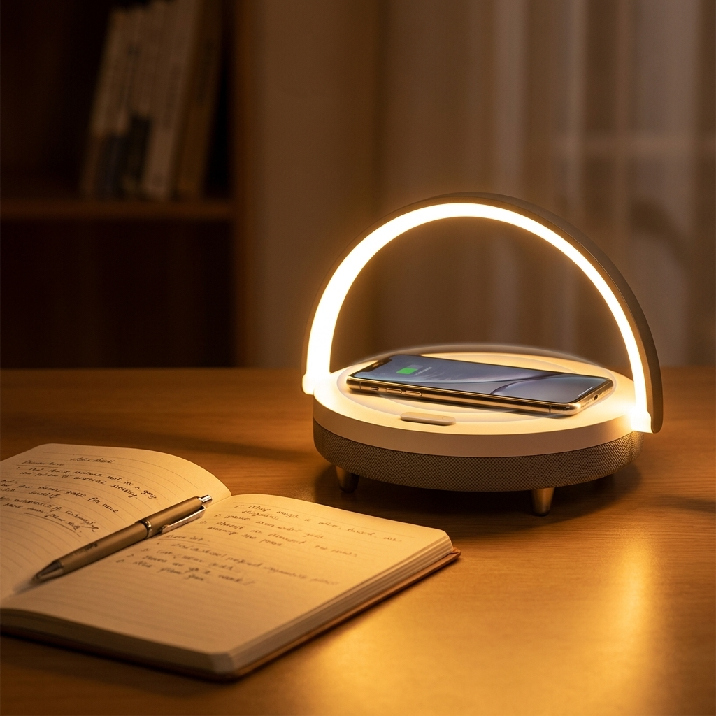 LED-skrivbordslampa med Bluetooth-högtalare och trådlös laddare - Bluetooth 5.0 - 10W Qi-laddning - Vit