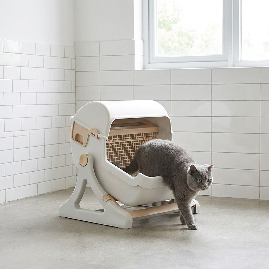 Automatisk kattlåda - Tippbricka - Luktbekämpning - Öppen topp - 50x50x46 cm - Beige och grå