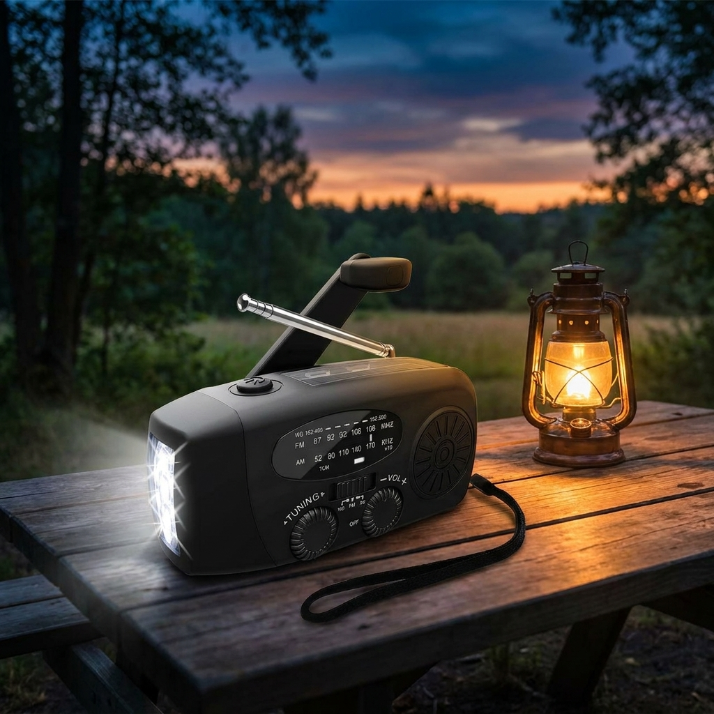 Radio Kecemasan - AM/FM - Cas Suria & Pemutar Tangan - Lampu Suluh LED & Power Bank 1200mAh - Hitam & Merah