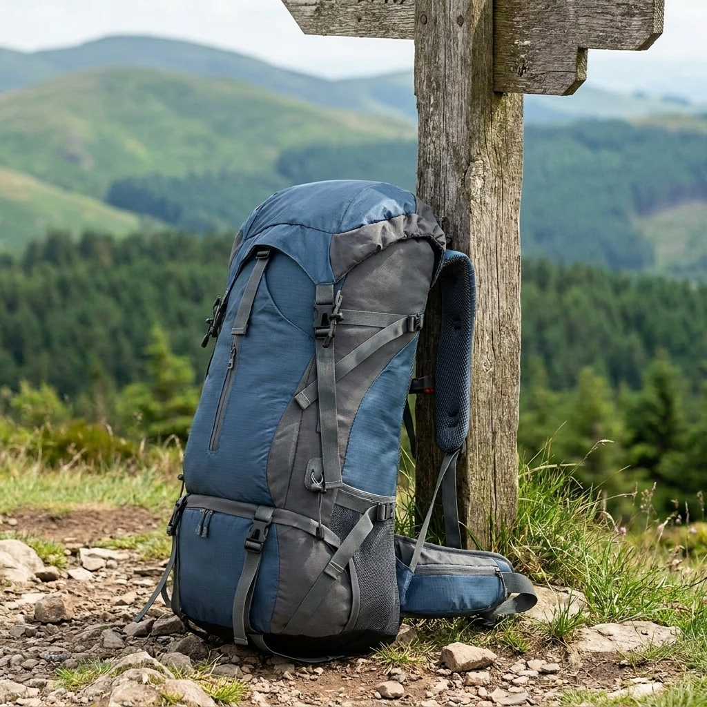 70L Hiking Rucksack - Nylon - Raincover Included - Shoe Compartment - Marine Blue, Orange & Black