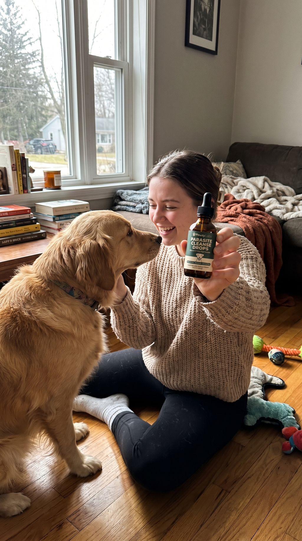 Woman sitting on the floor with her dog holding the dropper bottle