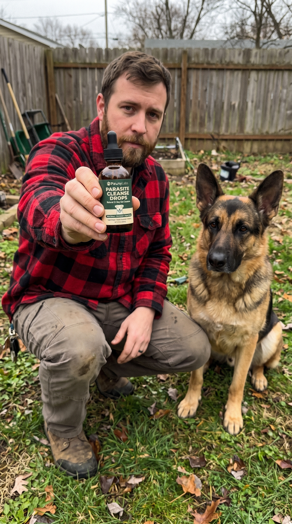 Man in the garden with his German shepherd and the drops