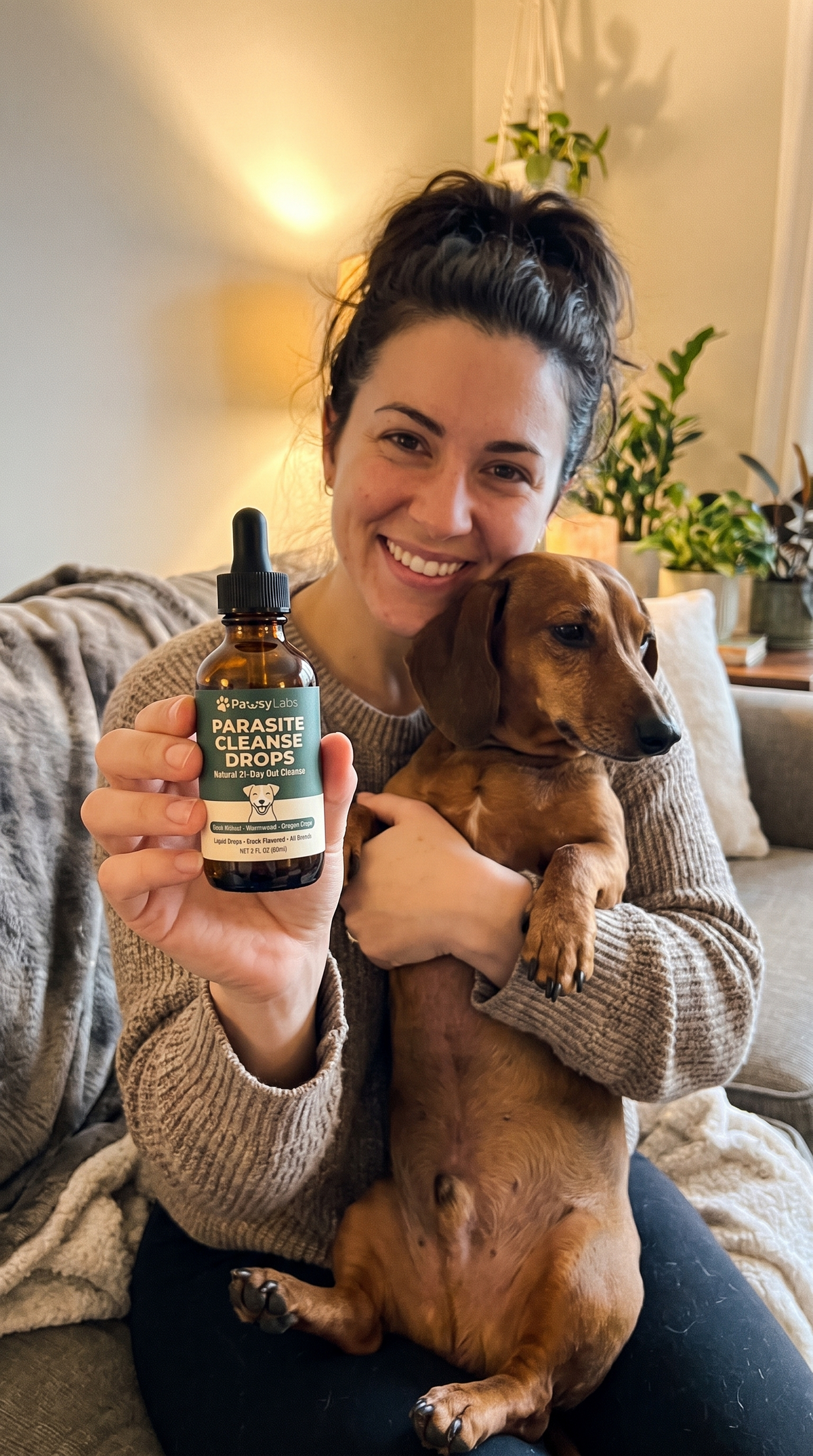 Woman holding her dachshund and the bottle of drops
