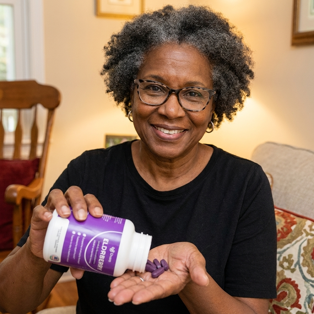 Woman pouring purple capsules into her hand