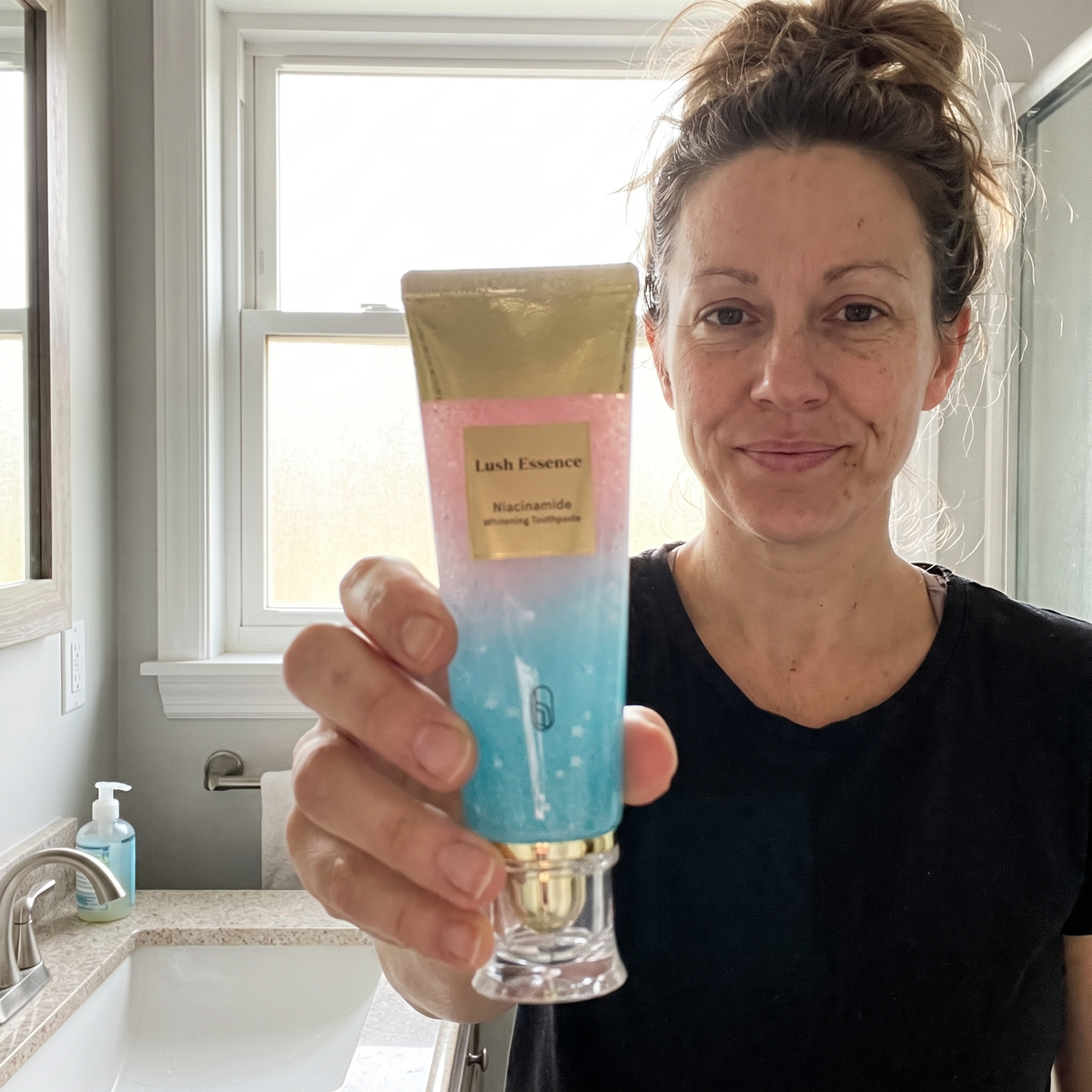 Woman holding the toothpaste tube in a bright bathroom