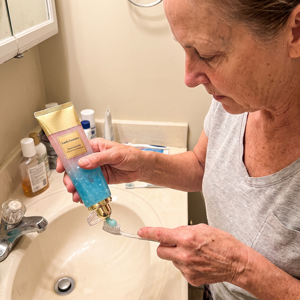 Woman squeezing toothpaste onto a toothbrush at the sink